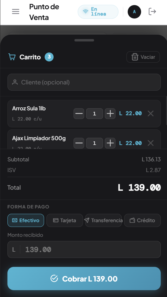 Syntax POS móvil — carrito